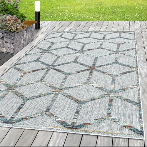 HomebyHome In & Outdoor Wetterfest 240x340 cm Multi, Zickzack Design 3D Effekt - Balkon Teppich Wasserfest, Kurzflor, Flachgewebt - Ideal für Küche, Garten, Camping und Terrasse