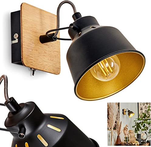 Wandleuchte Safari, Wandlampe aus Metall/Holz in Schwarz/Chrom/Gold/Natur, verstellbare Leuchte im Retro-/Vintage-Design, Lichteffekt u. An-/Ausschalter am Gehäuse, 1-flammig, E14, ohne Leuchtmittel