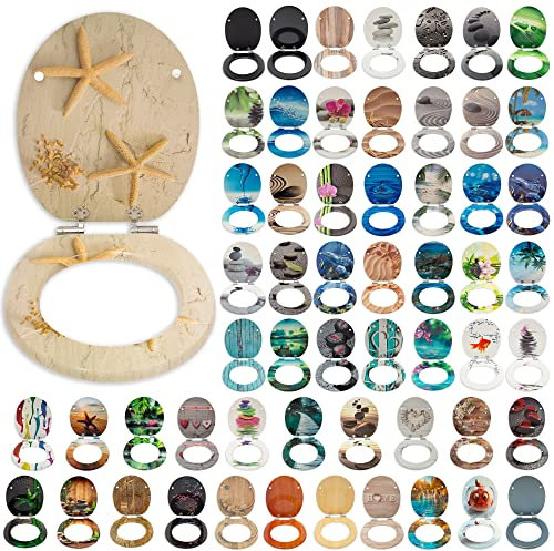 SG Traders® Toilet Seat with Soft Close - Wooden Toilet Seat Cover with Zinc Alloy Hinges, Comfortable Toilet Seat Covers with Colorful Designs Easy to Install, Assembly (Sand Star)