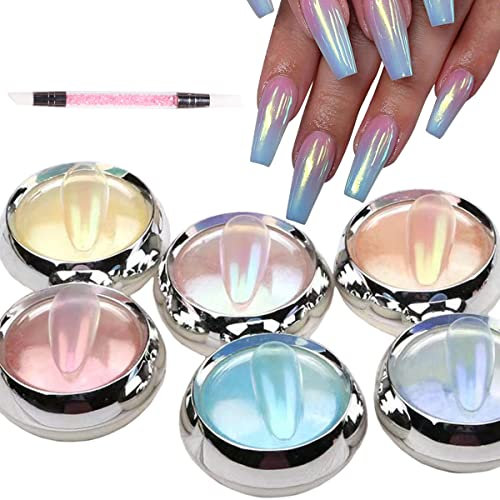 6 Farben Aurora Chrome Nagelpulver-Set, holografisches Einhorn-Perlen-Spiegeleffekt, rosa, gelb, blau, lila, Meerjungfrau, Maniküre, Glitzer-Pigmentstaub für Nagelkunst-Design mit Werkzeug