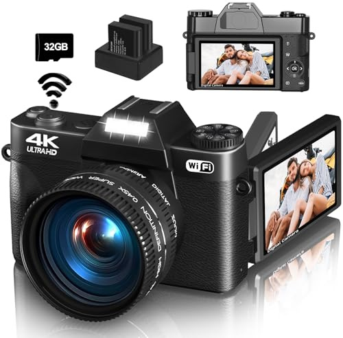 4K Digital Camera for Photography Vlogging, 56MP YouTube Camera with WiFi, 3 180° Flip Screen, 16X Digital Zoom, 52mm Wide Angle and Macro Lens, 32 TF Card