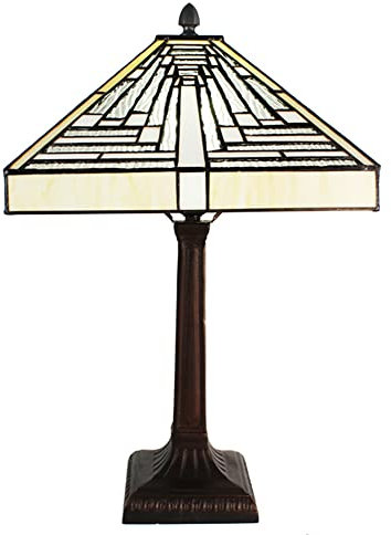 HAES DECO - Tiffany Tischlampe 31x31x48 cm Weiß Grau Glas Metall Quadratisch Tiffany Schreibtischlampe Tiffany Lampen Buntglas