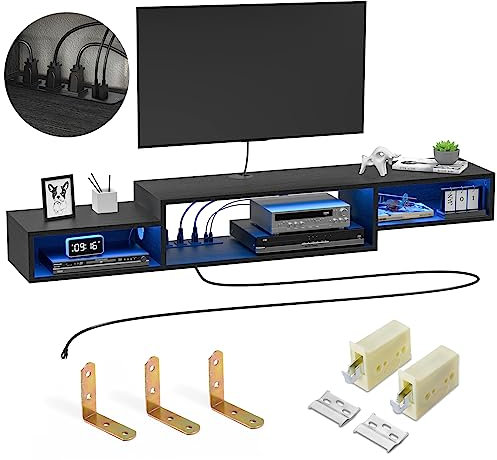 FABATO 59'' Floating TV Stand with LED Light Power Outlet, Floating Shelf for Under TV Wall Mount with Storage Shelf, Media Console Entertainment Center for Living Room, Black, JS-AS001BLSL