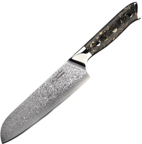 Tsume Santoku Messer Carbon Gold, Klingenlänge 18cm, Echtes Damast Küchenmesser, 67 Schichten VG10 Edelstahlkern mit einzigartigem Karbonfaser und Blattgold Handgriff, Rasiermesserscharf