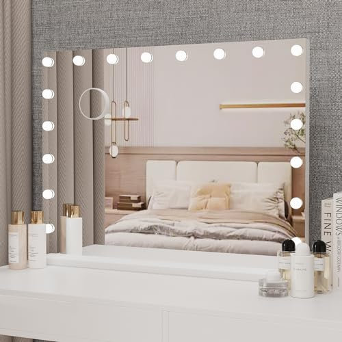 YOURLITE Miroir Maquillage Hollywood 80x62 cm,18 Ampoules LED Miroir Coiffeuse Luminosité Variable avec Port USB, Contrôle Tactile avec Loupe Grossissante, pour Coiffeuse Miroir sur Table/sur Mur