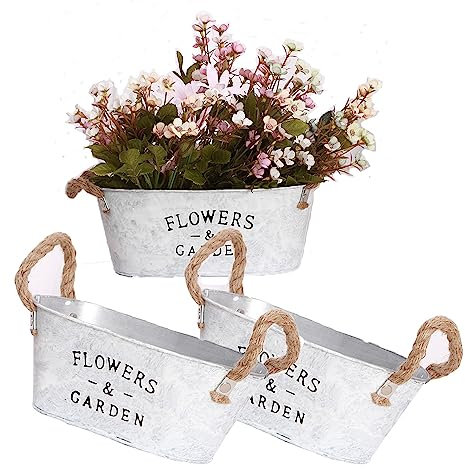 BSTMOME 3 cubos de metal para flores, vintage, creativos, de hierro, para plantas suculentas, macetas rústicas retro para decoración de jardín y hogar, ovaladas, 20,5 x 16,5 x 9 cm