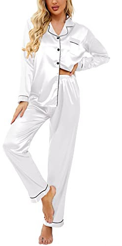 Ekouaer Ensemble Pyjama avec Chemise À Manches Longues, en Satin (Grandes Tailles Disponibles) Femme