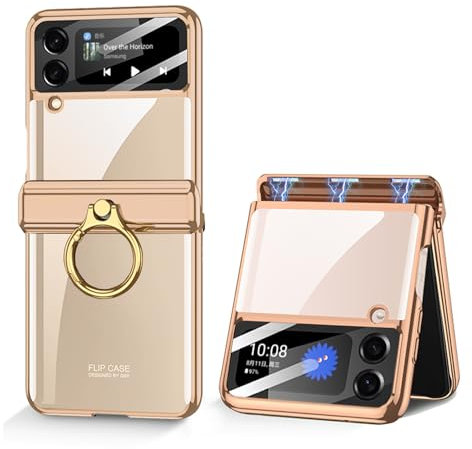 Furwabo Transparent Case for Samsung Galaxy Z Flip 4 with Magnetic Hinge Protection and Ring Holder and Camera Screen Protector, Clear Coating Shockproof Cases for Samsung Z Flip 4 (Gold)
