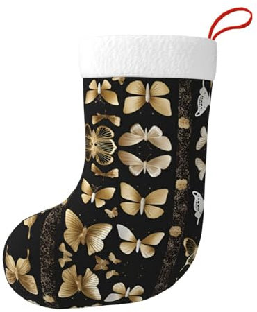 BROLEO Gold Weiß Schmetterlinge Schwarz Bild Weihnachtsstrümpfe - Weich, Leicht Geeignet für Christbaumschmuck