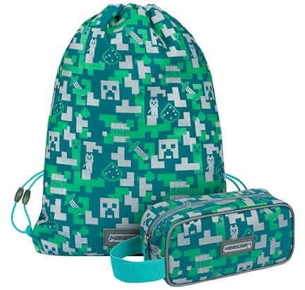 Baagl Minecraft Federmäppchen und Turnbeutel Set 2 Teilig für Jungen und Mädchen, Schule Mäppchen, Gymsack, Federmappe, Schuhbeutel, Federtasche für Teenager, Kinder Etui (Silver Creeper)