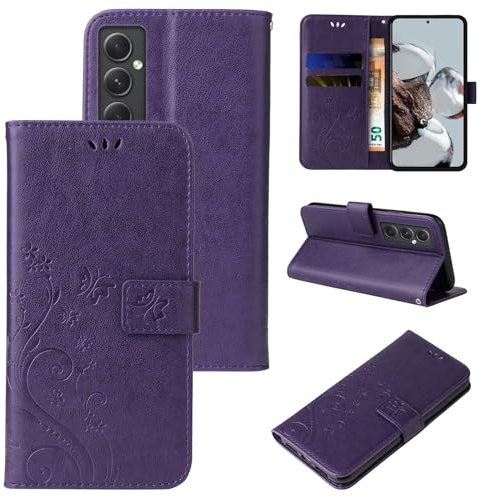 LBH Handy Hülle für Samsung Galaxy A55 5G Case Handytasche Schmetterling Blumen Flower Standfunktion Schutzhülle Magnet Rundum Schutz 360 Grad Flipcase Cover Violett