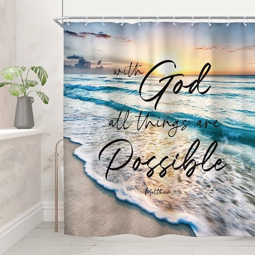 Riyidecor Duschvorhang mit Bibelvers am Strand, Ozean, Sonnenaufgang, Sonnenuntergang, inspirierende Schrift, Zitate, 183 x 183 cm, Sommer, Küste, Meer, Meereslandschaft, Stoff, Dekoration,