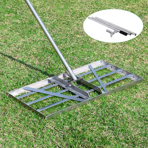 Raschietto per rastrello in acciaio inox da 85 x 35 cm, con manico extra lungo da 2 m, per livellamento di prato, sabbia, cortile, giardino, campo da golf