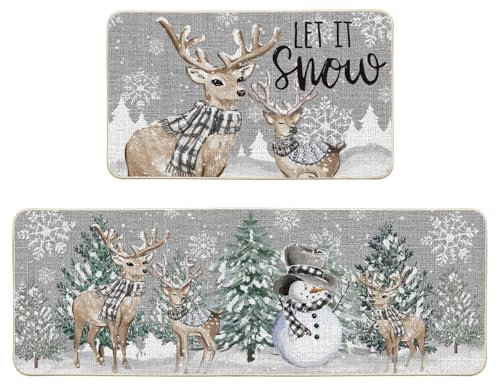 Artoid Mode Rentier Baum Schneeflocken Schneemann Weihnachten Küchenteppich 2er Set, Waschbar Küchenmatten Für Innen Außen Dekor - 43x73 and 43x118 cm