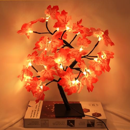 Landifor 2ft Autumn Lighted Birch Tree Mini LED Twig Tree 24LEDs Warm White Birch Twig Tree with Maple Leaves for Fall Autumn Harvest Indoor Outdoor Bedroom Home Tabletop Window Decor