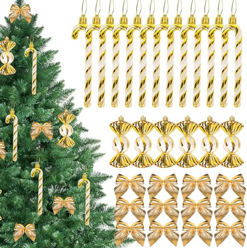 NZZVNZ 30 Pz Decorazioni Albero di Natale Bastoncini di Zucchero Natalizi, Oro Candy Cane Decorazioni Natale Plastica con Cordino, Accessori Natalizi Addobbi per Natale