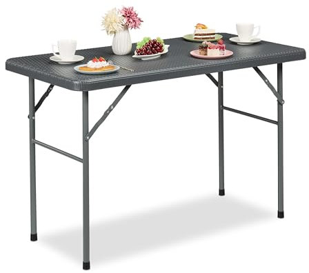 Relaxdays Gartentisch, klappbar, HBT: 74 x 121,5 x 61 cm, Rattanoptik, Kunststoff, Stahl, wetterfester Balkontisch, grau