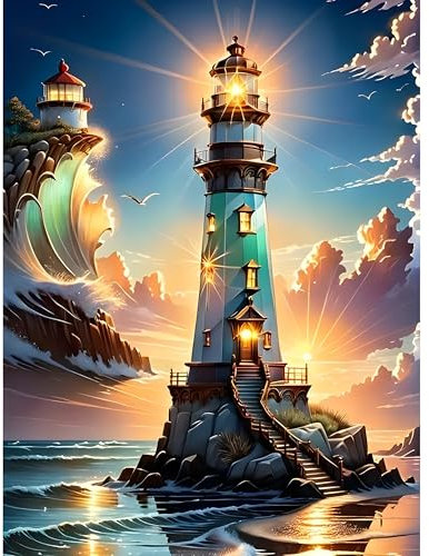 DPIDEA Diamond Painting Leuchtturm, 5D Diamant Painting Bilder für Erwachsene, DIY Diamant Malerei Runde Steine für Zuhause Dekor 30x40 cm