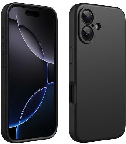 CALOOP Slim-Fit for iPhone 16 Case,Skin Soft Liquid Silicone,Sturdy Hard Frame Shockproof Cover with Anti-Scratch Microfiber Lining,Full Protection for Screen and Lens,6.1 inch,Black