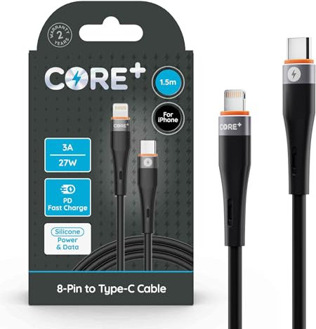 Core + | USB C to 8-Pin iPhone Charger Cable 2.4A 20W | Fast Charging | Compatible with iPhone, iPad, Airpods + Pro Max, Plus | iPhone 13, 14, 12, 11, 10 (1 x 1.5m 27W - Premium Silicone)