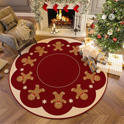 Highdi Teppich Rund 60/80/100/120 cm Durchmesser Rot Weihnachtsteppich Wohnzimmer Flauschig Weich Teppiche rutschfest Grün Runder Teppich Weihnachtsteppich für Schlafzimmer (120cm,Lebkuchenmann)
