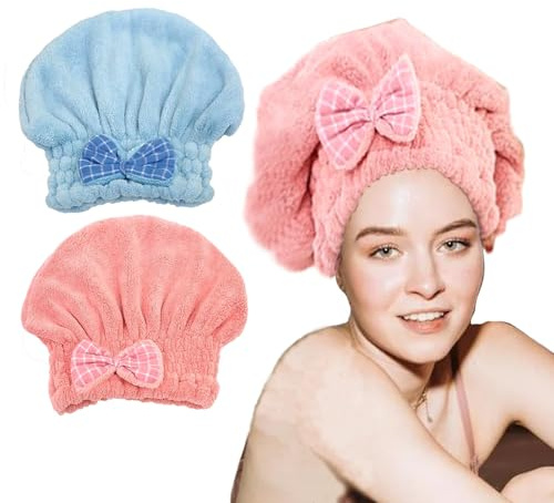 Lxshunlifa Handtuch-Kopfwickel, 2 Packungen Mikrofaser-Haartuch für Frauen, Wickeln für lockiges und schnell trocknendes nasses Haar, Badetuch, saugfähiger Haarturban Dusche (Rosa, Blau)