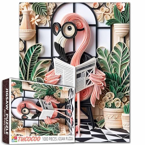 Tucocoo 1000 Teile Puzzle für Erwachsene Flamingo Lesen im Botanischen Raum Puzzle Skurriles Papier Kunst Puzzle, entspannendes Tierpuzzle Geschenk für Heimdekoration, lustiges Gehirnspiel Aktivität