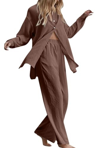 Abito da donna 2 retrò taglie forti in cotone e camicia a vita alta pantaloni tuta top pantaloni manica lunga gessato abiti da donna, Caff, 4XL