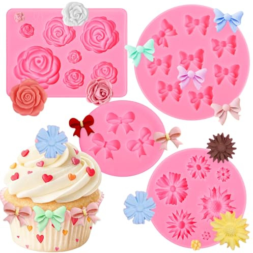 Pimoys 4 Pcs Flower&Bow Molds for Chocolate, Flower Chocolate Molds Silicone Cake Mold Bow Candy Mold Silicone for Wax Melts Birthday Cake Decoration Easter Gifts for Women