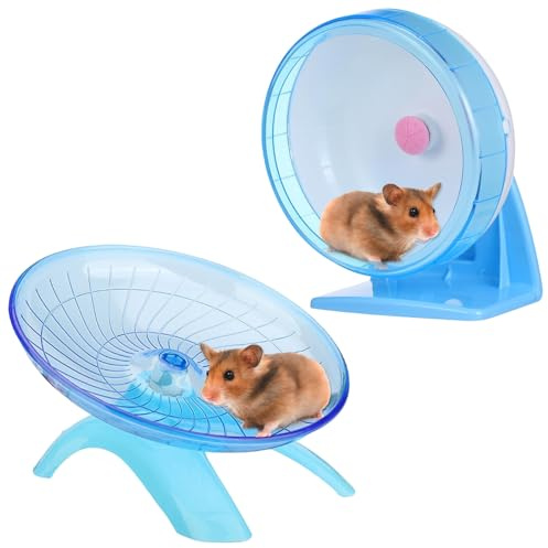 1Pcs Flying Saucer Dwarf Hamster Wheel and 1Pcs Large Hamster Wheel with Adjustable Stand, for Gerbil Dwarf Syrian Hamsters Rat Mice or Other Small Animals (Blue, 14Cm)