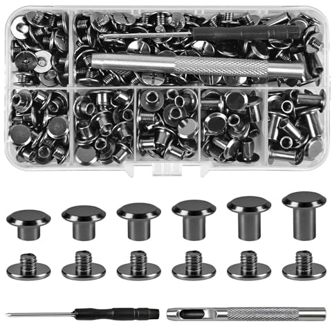 YIMETOP Set di 150 viti per rilegatura Chicago, M5 x 4/5/6/8/10/12 mm, rivetti a vite per fai da te in pelle, borse, artigianato, colletto, stoviglie, bagagli, portafoglio (grigio metallo)