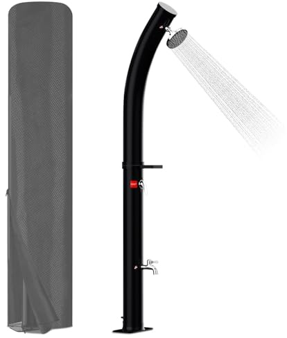 Mantigositeen Solardusche 20 Liter in Schwarz - Geschwungene Säule mit 360° Duschkopf - Inklusive Schutzhaube und Einstellbare Solarheizung (3.5 Bar)