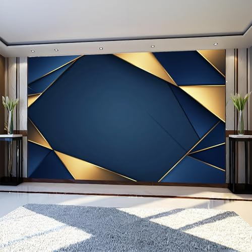 Papier Peint Intissé Panoramique Motif géométrique bleu et or 250 x 175 cm Murale Doubler pour Salon Chambre Fond TV Décoration