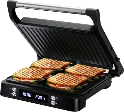 Olvy Kontaktgrill Sandwichmaker XXL Für Perfektes Braten | 1 Set | Schwarz | Fleisch & Gemüse | Cool Touch Griff | Elektrischer Tischgrill Paninimaker