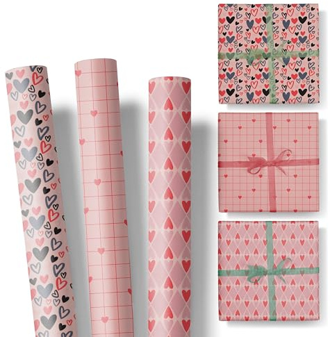 Ausgewählt verpackt Geschenkpapier Set mit Herzen – 3 Geschenkpapier Rollen 47 cm x 3 m – romantisches Einpackpapier auf Rolle ohne Knicke - für Valentinstag & liebevolle Geschenke - Herzen - Set 2
