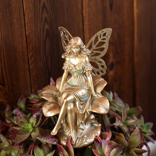 Blumenfee Gold Gartenstatue, Gartendeko Retro Blumen Fee, Garten Deko Elfen Figuren für Draußen Wetterfest, Frühlingsdeko Gartenfiguren Gartendekoration für Terrasse Balkon Teichdeko Office (A)