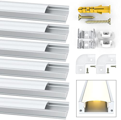 Led Aluminum Profile, Jirvyuk 6 Pack 1m/3.3ft LED Channel and Diffuser for LED Strip Lights with Milky White Cover, End Caps and Metal Mounting Clips - Silver (U Shape)