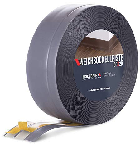 HOLZBRINK Weichsockelleiste selbstklebend PVC 50x20mm, 20 m | Winkelleiste für Küchenarbeitsplatte, Bodenbelag | Eckleiste selbstklebend | Farbe: Dunkelgrau