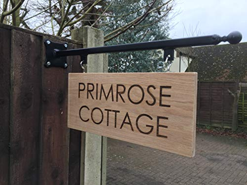 Personalised Oak Hanging House Sign & Metal Bracket Carved, Custom Engraved Outdoor Wooden Name Plaque