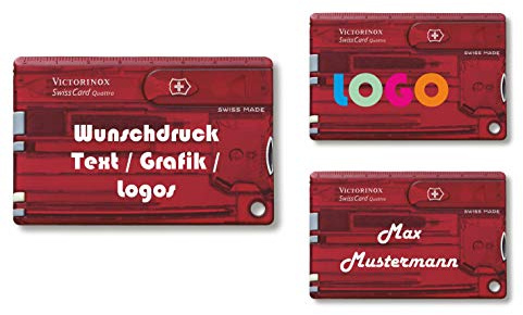 Victorinox Swiss Card Quattro mit Wunschdruck I Geschenk für Männer I Geschenke zum Geburtstag I Schweizer Taschenmesser personalisiert 12 Funktionen (rot transparent)