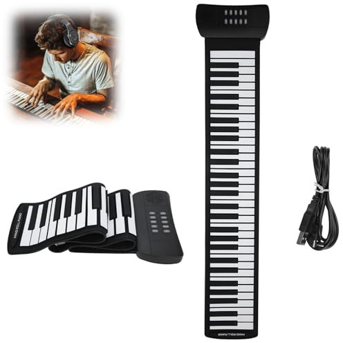 Roll-Up-Piano, 61 Tasten weiches elektronisches Klavier aus Silikon Roll-Up Flexibles und elastisches Klappinstrument Wiederaufladbare Klaviertastatur für Anfänger, eingebauter Stereolautsprecher