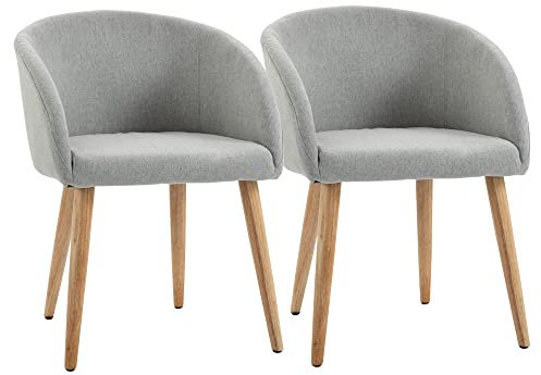 HOMCOM Lot de 2 chaises de Salle à Manger Chaise de Cuisine Design scandinave - Pieds inclinés effilés Bois Caoutchouc - Assise Dossier accoudoirs ergonomiques Aspect Lin Gris
