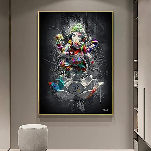 Dvbhd Bilder Wohnzimmer posterGraffiti Wand Bilder Hindu Elefant Gott Leinwand Bild Religion Ganesha Lotus Poster Kunstdruck Wandbild für Wohnzimmer Zuhause50x70cm x1 Rahmenlos