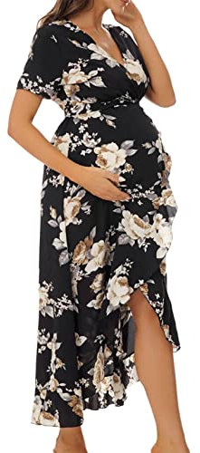 FEESHOW Eté Robe de Plage Femme Enceinte Grossesse Maxi Robe Floral Manche Court Robe Maternité de Vacances Soirée Bal Fleurs Femme Vetements Grande Taille Charcoal Gris 3XL