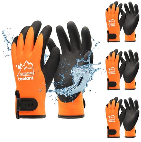 toolant 100% Waterproof Gloves Bulk Pack, 3 Pairs, Winter Work Gloves for Cold Temperature, Touchsreen, Warm Gloves for Freezer, Fishing and Gardening, With Grip, Orange, XX-Large