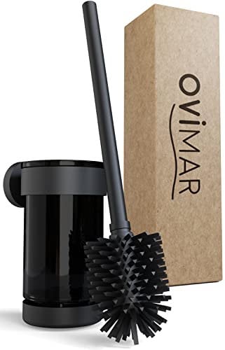 ovimar Toilettenbürste Finnkona | schwarz | Wandmontage mit Bohren | Silikon Klobürste | Belüftungsfunktion | zum Bohren oder Kleben | aus pulverbeschichtetem Edelstahl | WC Bürstenkopf wechselbar