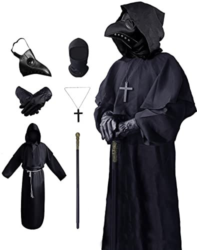 WKLOUYHE Pest Arzt Kostüm Pest Arzt Maske für Erwachsene Männer Frau Jugendliche, Cosplay Halloween (Schwarz, M)