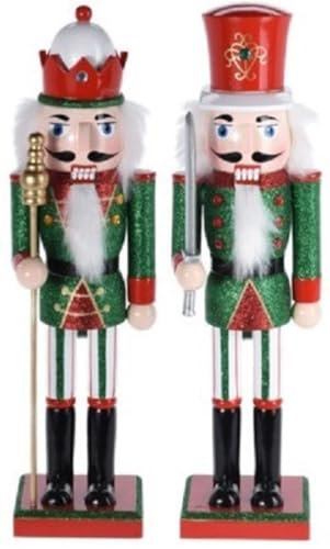 Muddy Hands Set of 2 – 36cm Tall Green & Red Glittery Christmas Wooden Nutcracker Soldier Ornament Colourful Festive Xmas Wood Classic Traditional Decoration