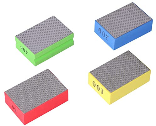Stone Sanding Blocks, 4Pcs Reusable Diamond Hand Polishing Pads for Tile Stone Trimming Deburring 60# 100# 200# 400# Grit, Sanding Block Diamond for Wood, Walls, Cars & Metal
