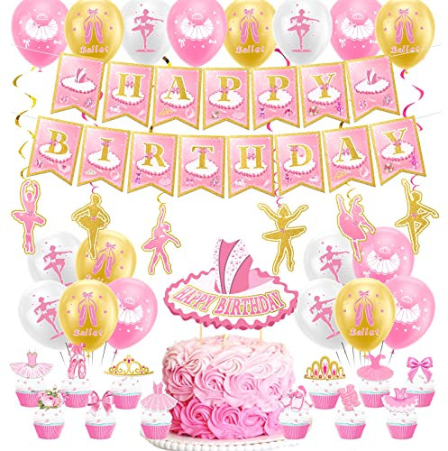 Ballett Geburtstag Party Lieferungen Ballerina Party Dekoration inklusive Ballerina Happy Birthday Banner Ballerina Spirals Kuchen Topper Luftballons für Ballett Thema Tanz Baby Shower